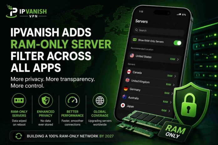 IPVanish Adds RAM-Only Server Filter Across All Apps